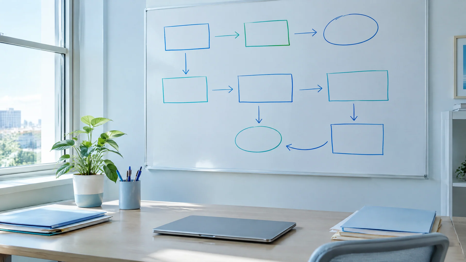 Whiteboard with an unlabeled flow of boxes and arrows above a tidy desk