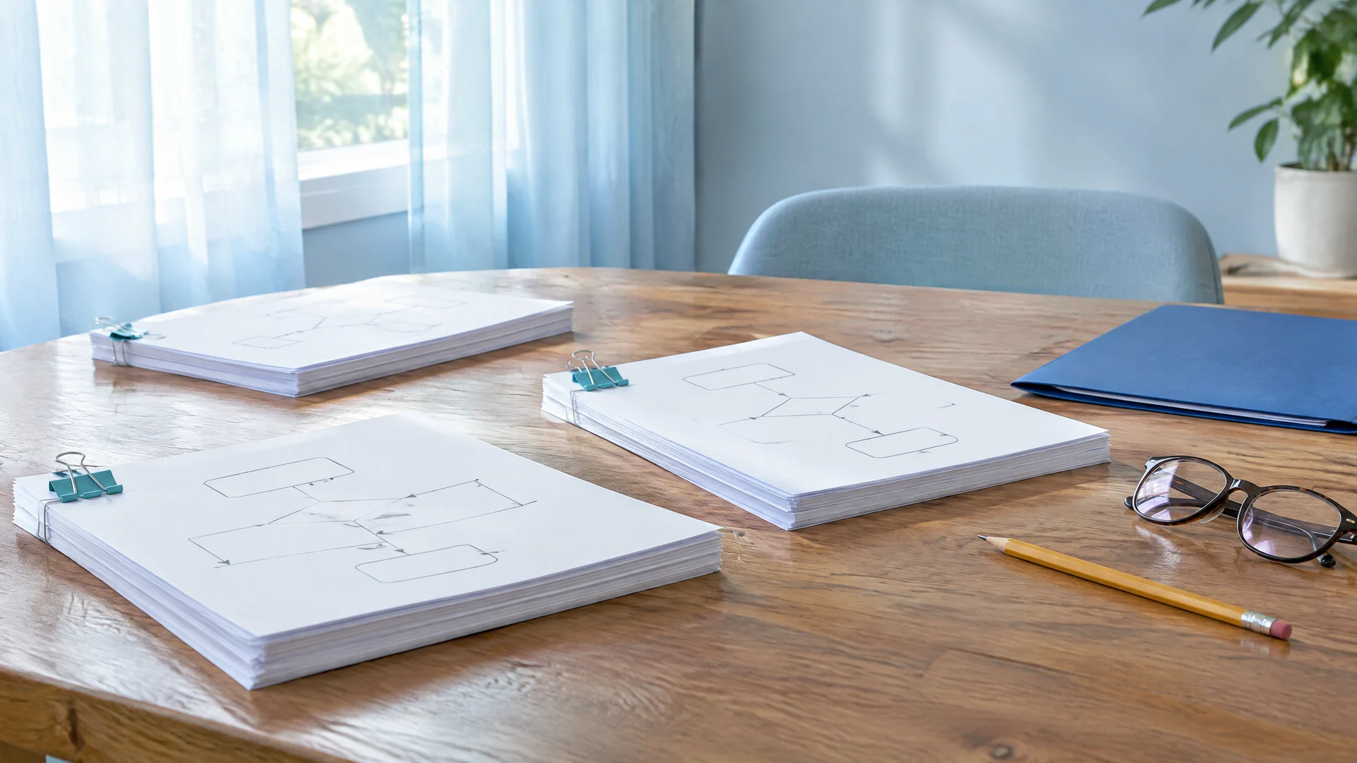Stacks of printed process-map sheets held with teal clips on a wooden table